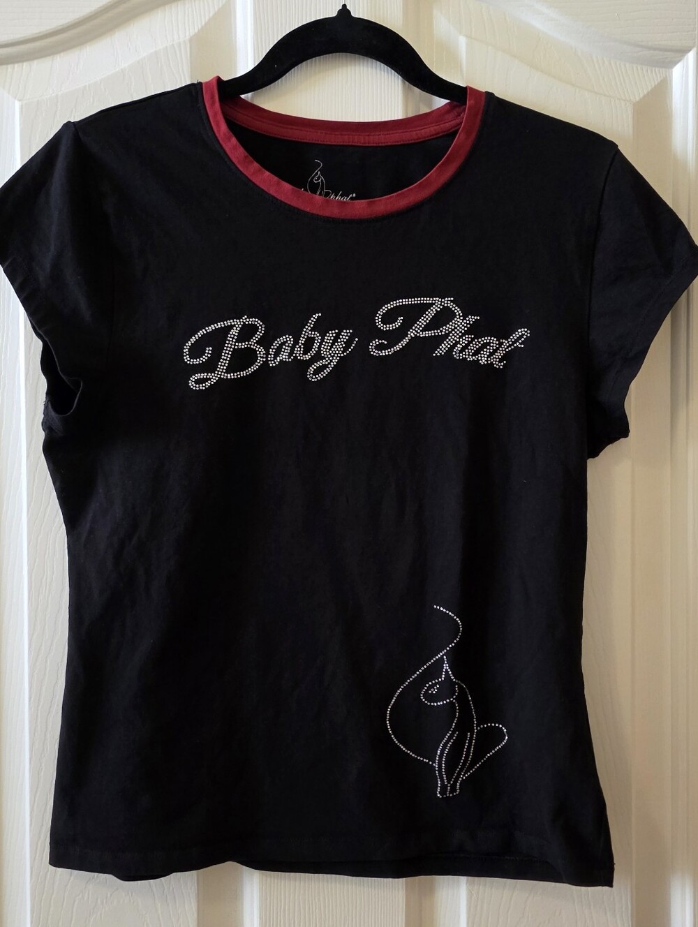Baby Phat Rhinestone Logo Cat Graphic T-Shirt Black Red Trim Women's XL Y2K - Picture 9 of 9